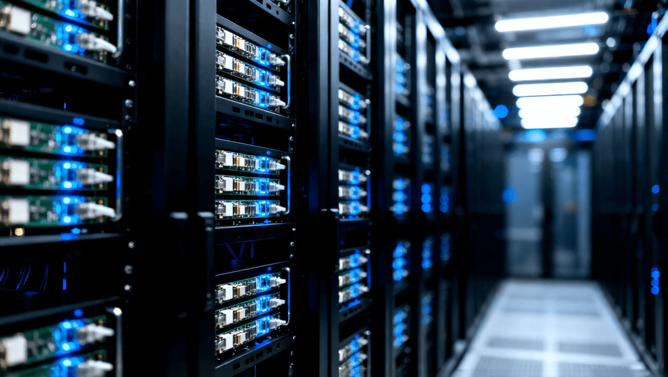 數(shù)據(jù)中心服務(wù)器機架中嵌入的多組光模塊陣列隱約可見內(nèi)部封裝基板