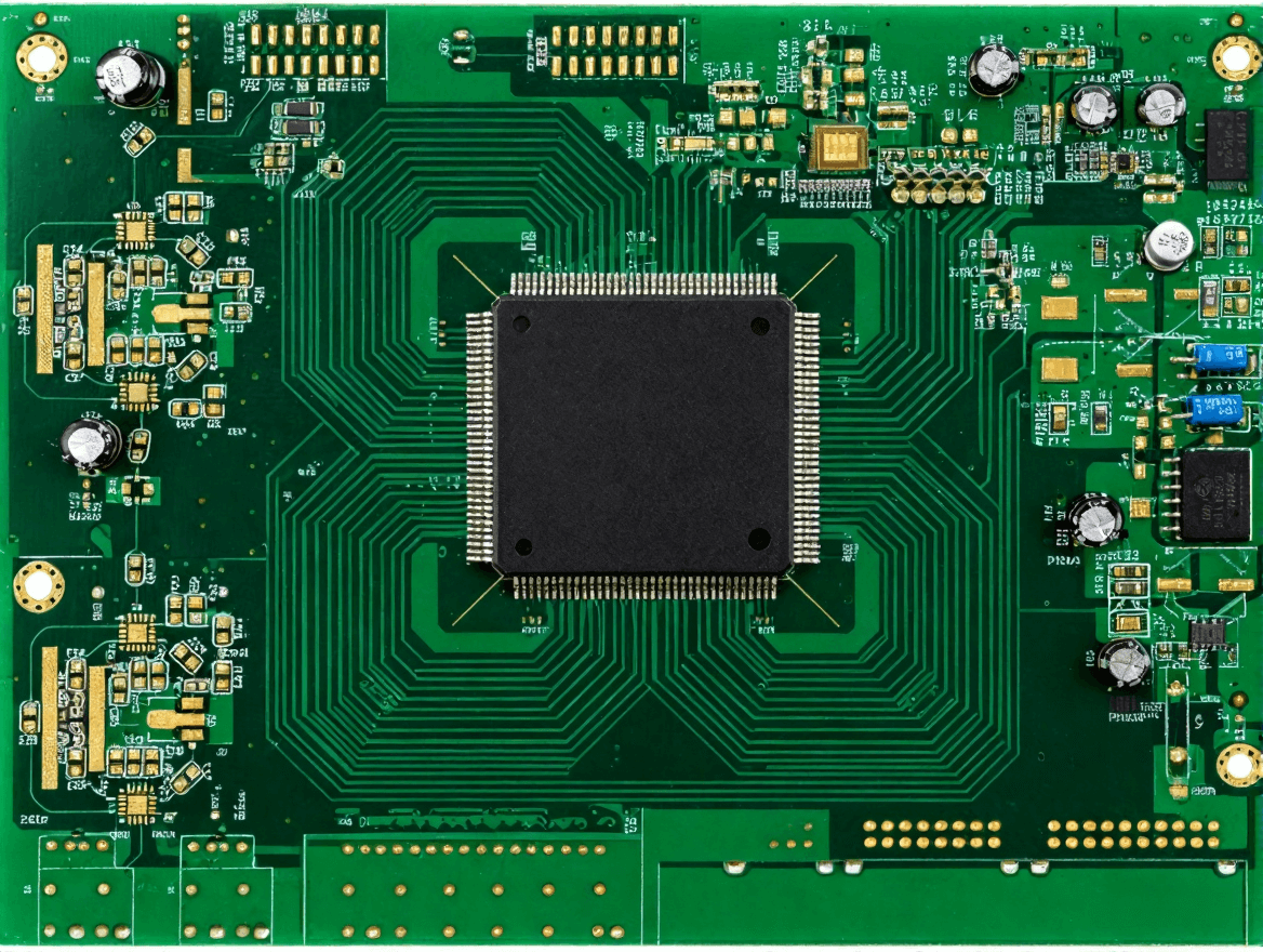 高精度工控主板 PCB 俯視圖，復(fù)雜多層布線與工業(yè)級(jí)元件布局