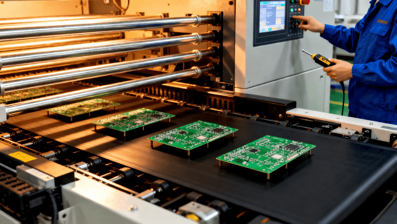 PCB焊接設(shè)備校準(zhǔn)與維護(hù)場(chǎng)景，突出焊接工藝優(yōu)化中的設(shè)備穩(wěn)定性控制