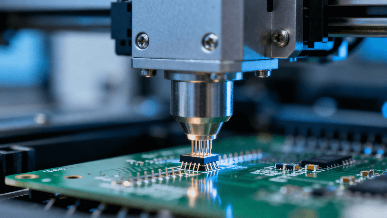 SMT貼裝精度操作場(chǎng)景，表現(xiàn)電子制造中元件貼裝的精準(zhǔn)把控，提升焊接良率的關(guān)鍵步驟