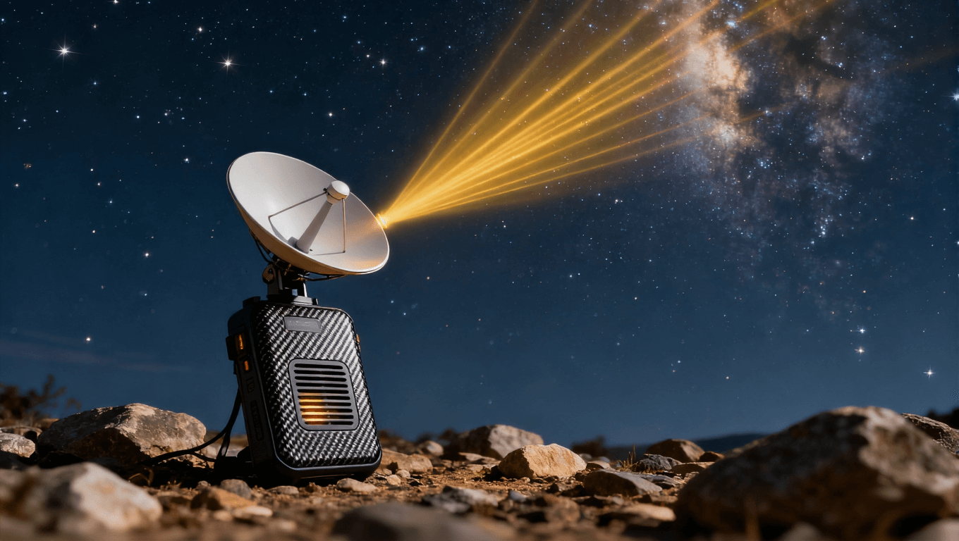 便攜衛(wèi)星通信終端在星空下發(fā)射金色信號(hào)流，體現(xiàn)Ka波段傳輸與戶外環(huán)境適應(yīng)性