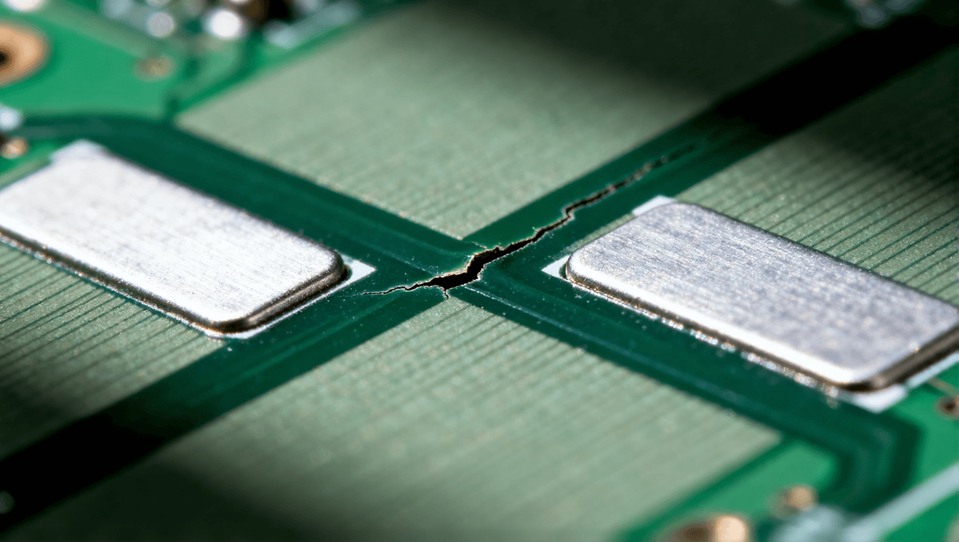 PCB板上阻焊橋出現(xiàn)裂紋與翹起的微距特寫，展示工藝缺陷問題