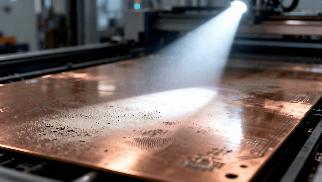 光線照射下PCB基板表面顯現(xiàn)污染物，強(qiáng)調(diào)清潔度對阻焊附著力的影響