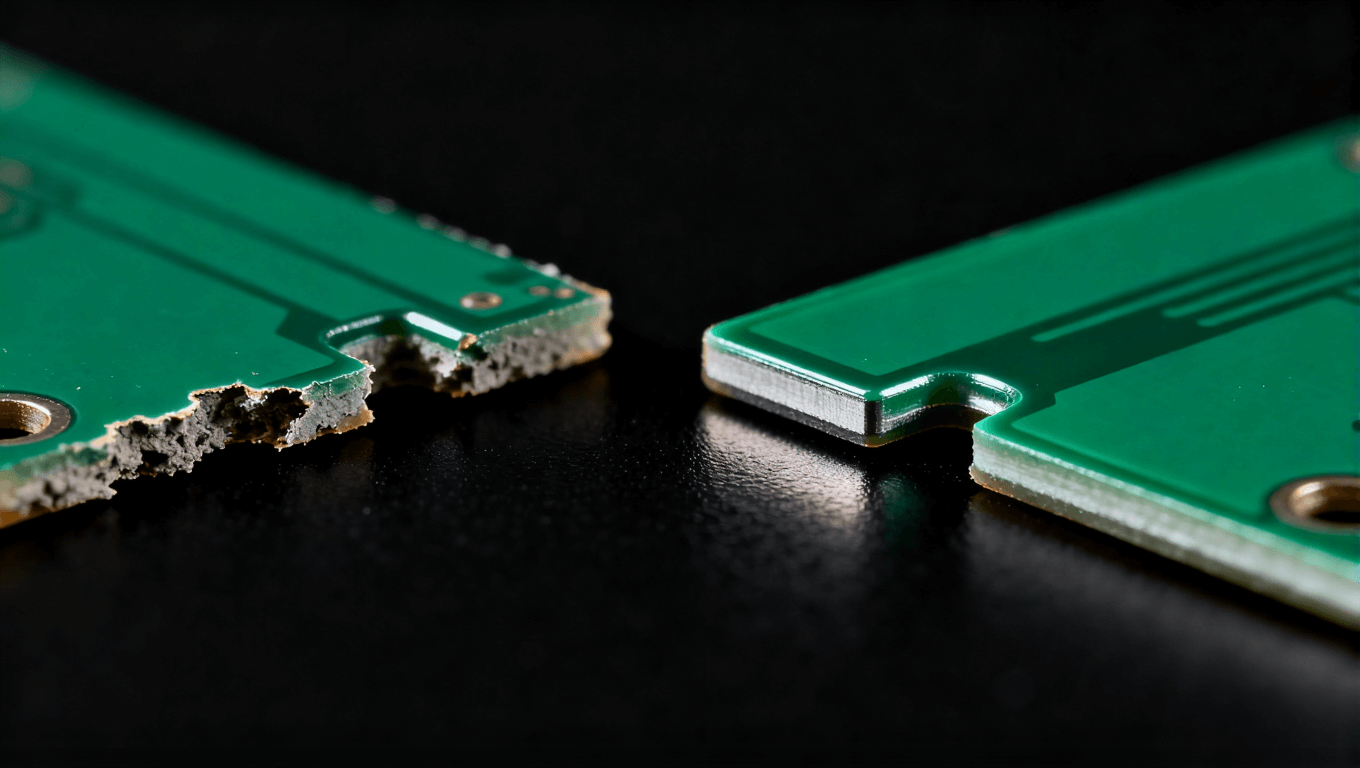 PCB阻焊橋工藝優(yōu)化前后效果對比微距照片，左為問題板，右為優(yōu)化后良品