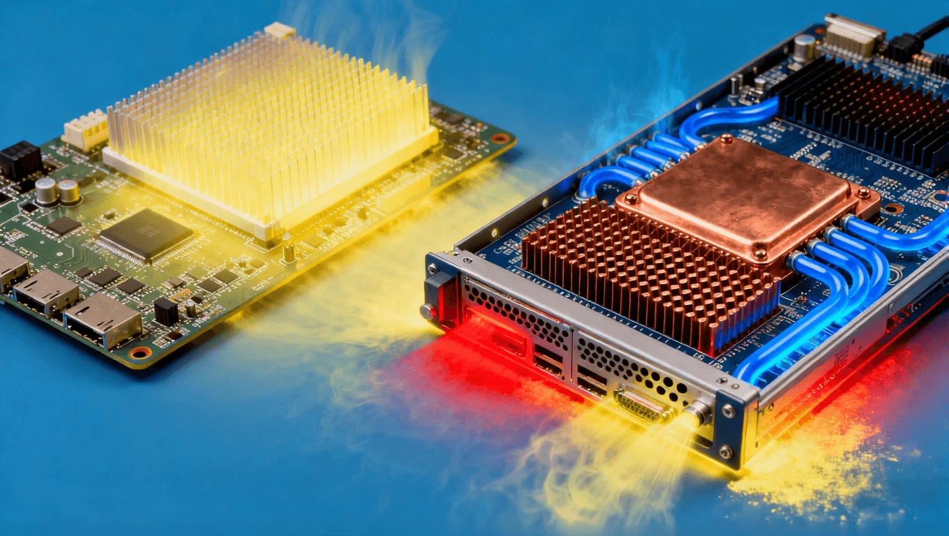 AI服務(wù)器PCB復(fù)合散熱技術(shù)應(yīng)用，展示金屬基板、散熱過孔與液冷系統(tǒng)在高溫環(huán)境下的協(xié)同工作