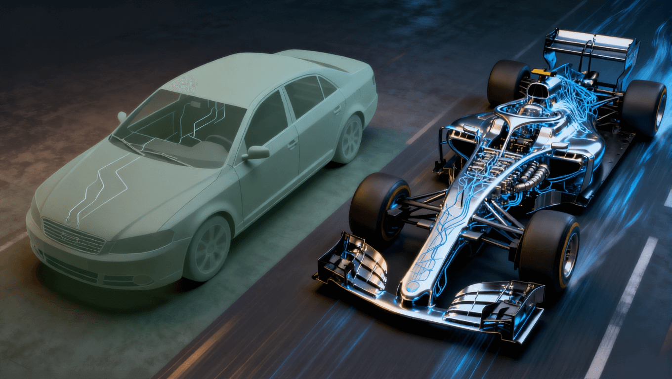 AI服務(wù)器PCB與普通PCB算力分級(jí)對(duì)比視覺圖，通過轎車與賽車的比喻展示性能與設(shè)計(jì)復(fù)雜度差異