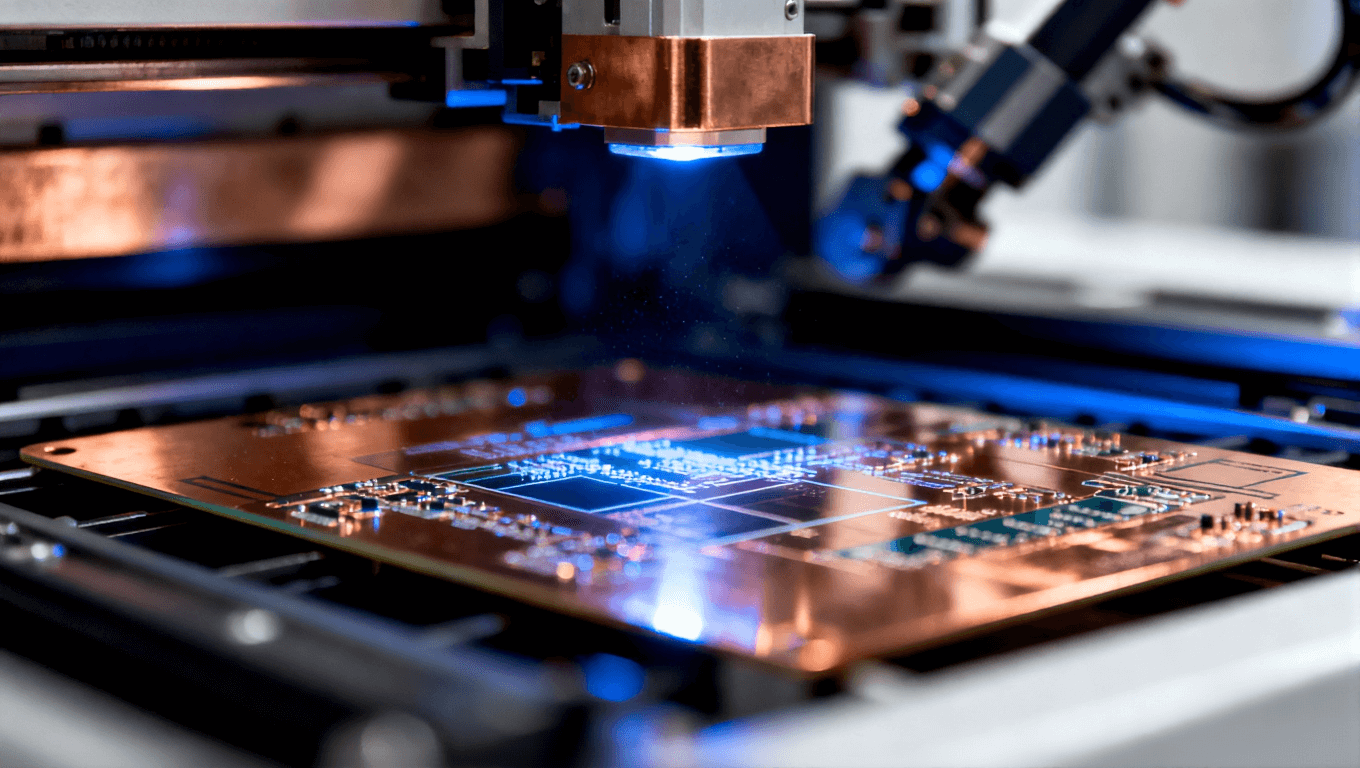 PCB圖形轉(zhuǎn)移曝光過程，菲林與基材在紫外線照射下進行線路復刻，體現(xiàn)高精度制造場景