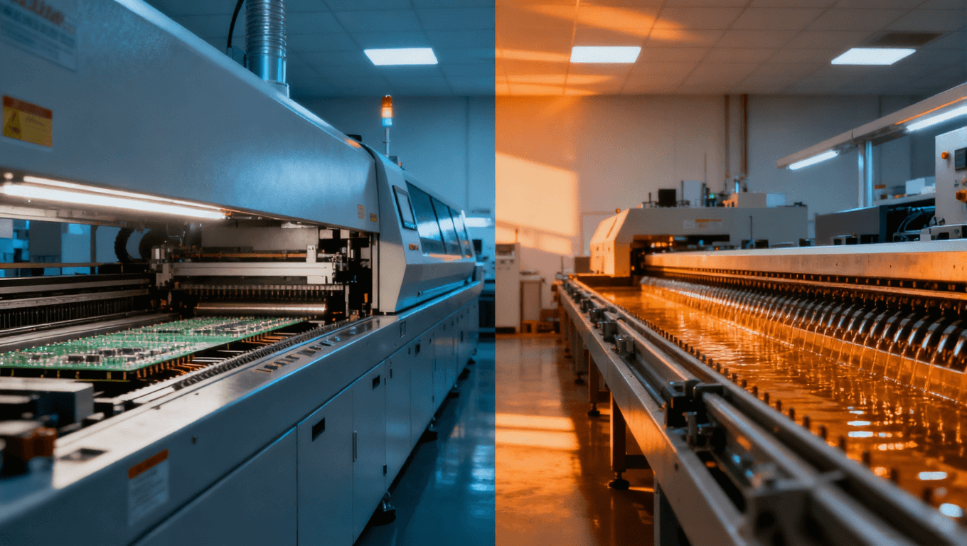 回流焊與波峰焊設(shè)備結(jié)構(gòu)對比示意圖，象征兩種工藝的成本與精度差異