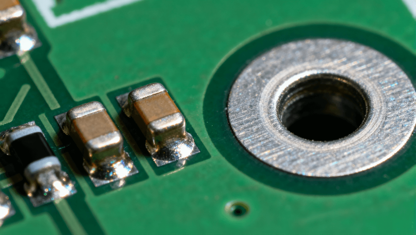 SMT貼片元件與THT插件元件焊點(diǎn)結(jié)構(gòu)對比微距圖，展現(xiàn)二維與三維焊接形態(tài)差異