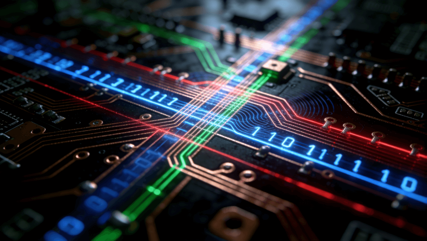 高密度布線中信號串?dāng)_挑戰(zhàn)的微距可視化，展示不同類型電流與電磁干擾