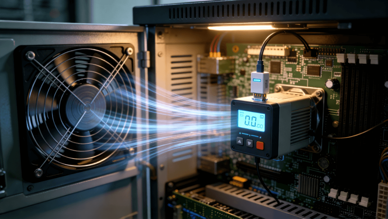 儲能系統(tǒng)智能溫控組件工作示意圖，展示傳感器、控制器與散熱風扇聯(lián)動