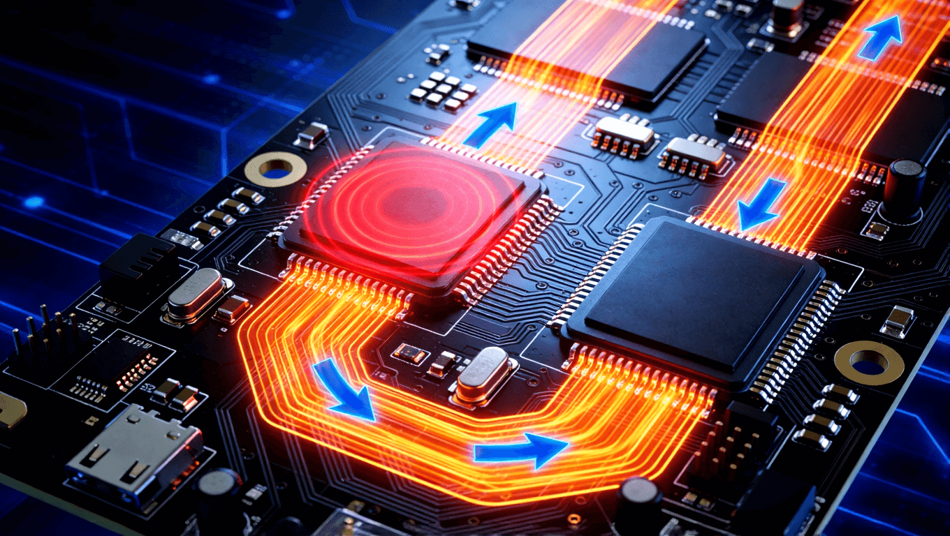 儲能PCB板熱源與傳熱路徑示意圖，展示發(fā)熱器件與熱傳導視覺化表達