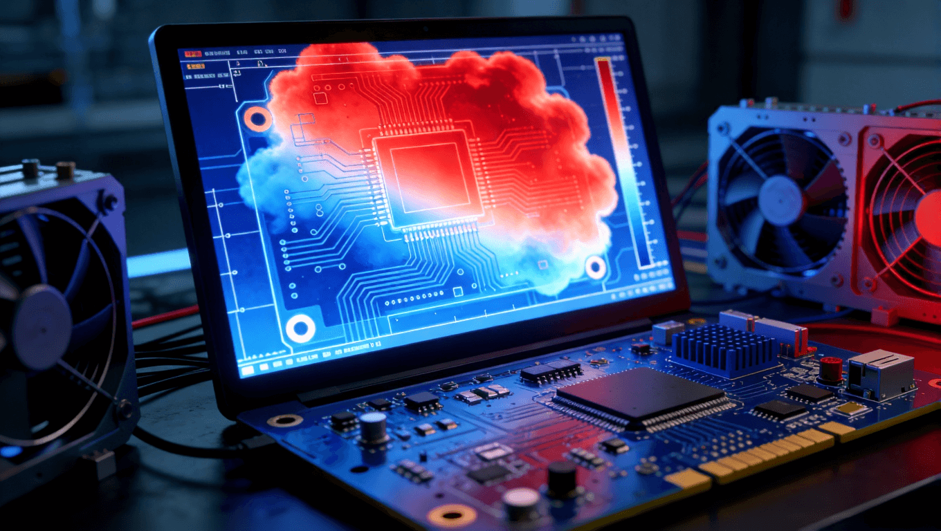 PCB熱仿真溫度分布云圖在電腦界面中的視覺呈現(xiàn)，展示熱點識別與散熱設(shè)計