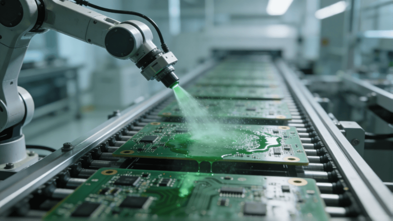未來工廠中機(jī)械臂為傳送帶上的PCB板噴涂阻焊層的場(chǎng)景，綠色霧狀涂料正在噴涂