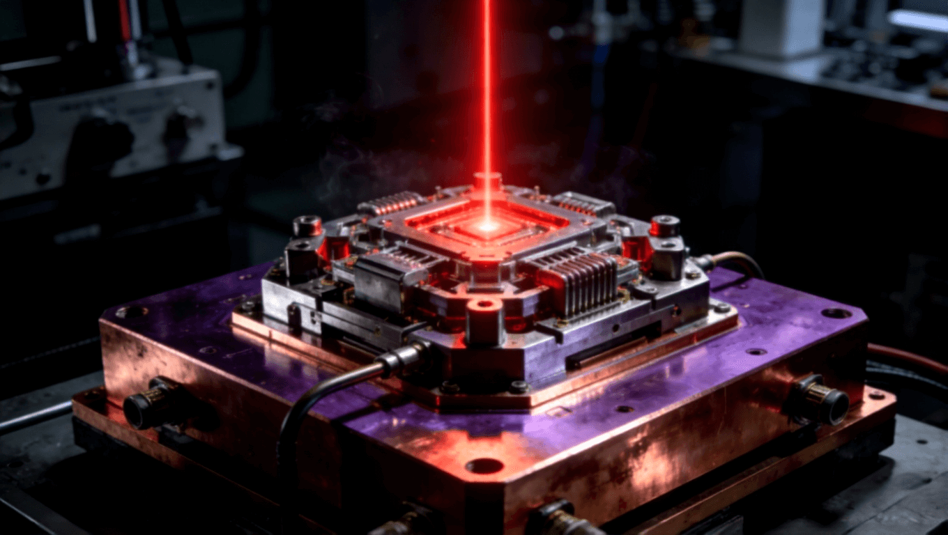 高功率工業(yè)激光器模塊特寫，厚重銅基板作為核心散熱底座，發(fā)射出紅色激光束