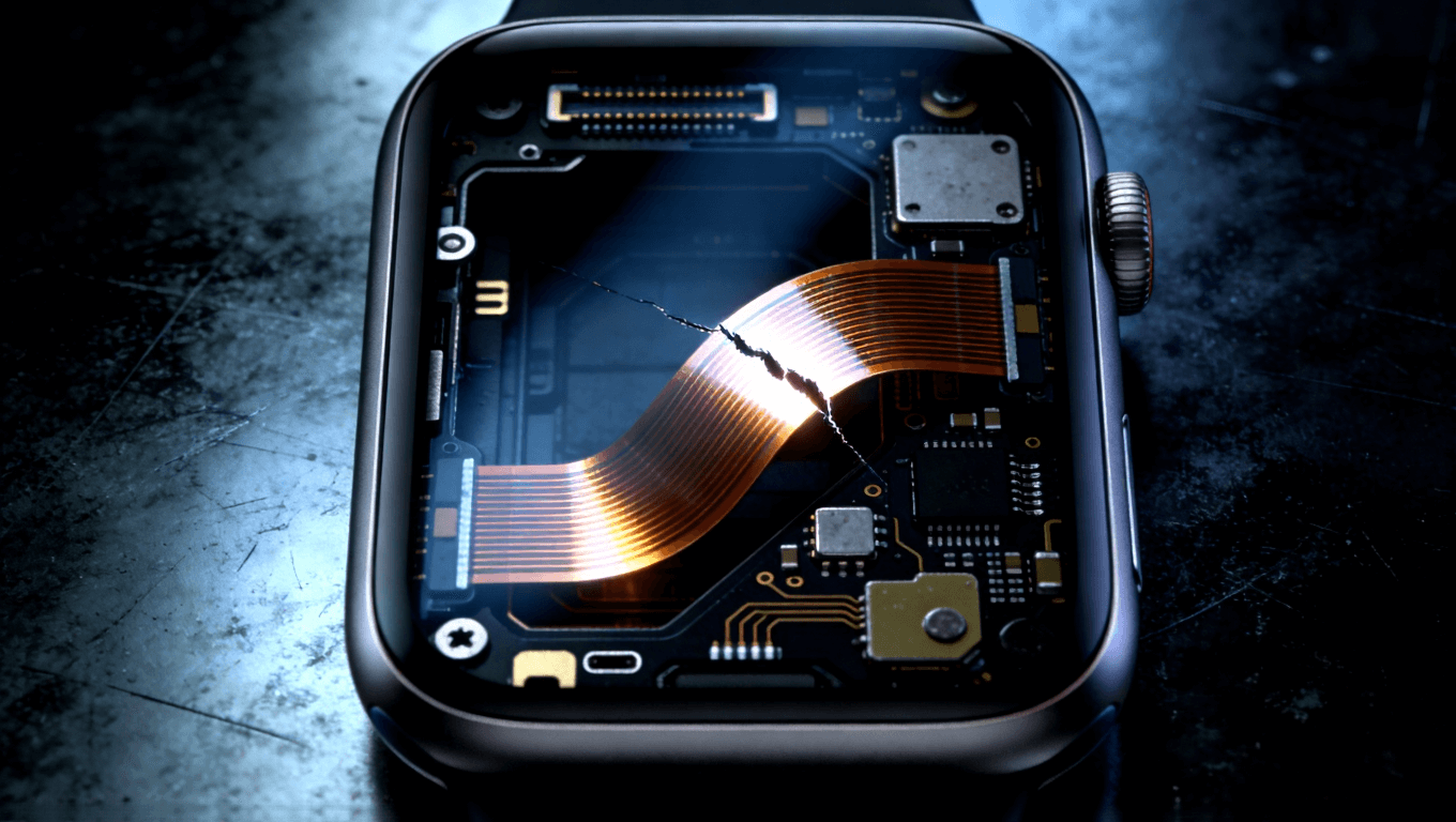 智能手表內(nèi)部軟板彎折斷裂示意圖，展示柔性電路板在彎折處的微觀裂紋與光影效果