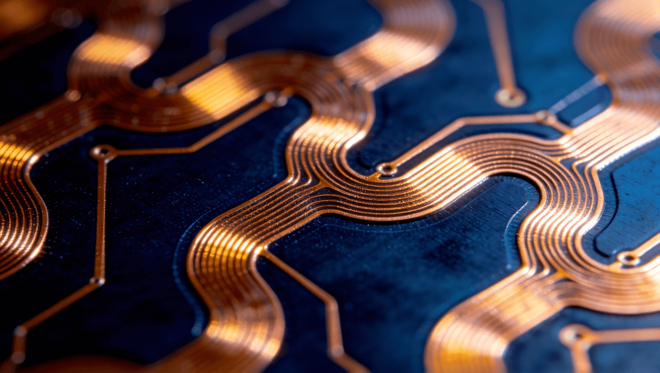 柔性電路板蛇形走線設計細節(jié)圖，展現(xiàn)金黃色銅箔在深藍基材上的波浪形布局