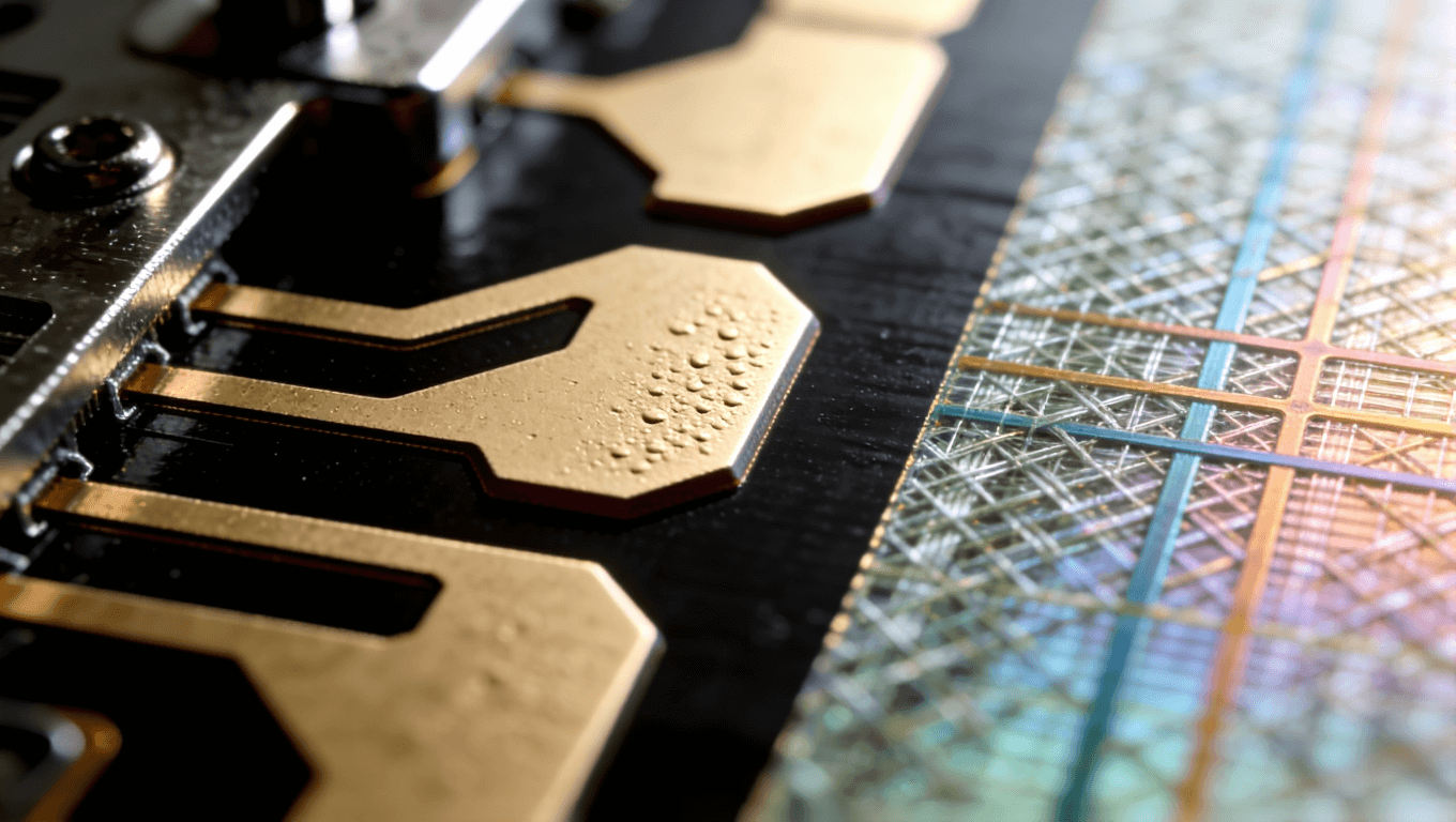 高頻PCB走線截面微觀視圖，展示蝕刻工藝偏差與玻璃纖維編織效應(yīng)