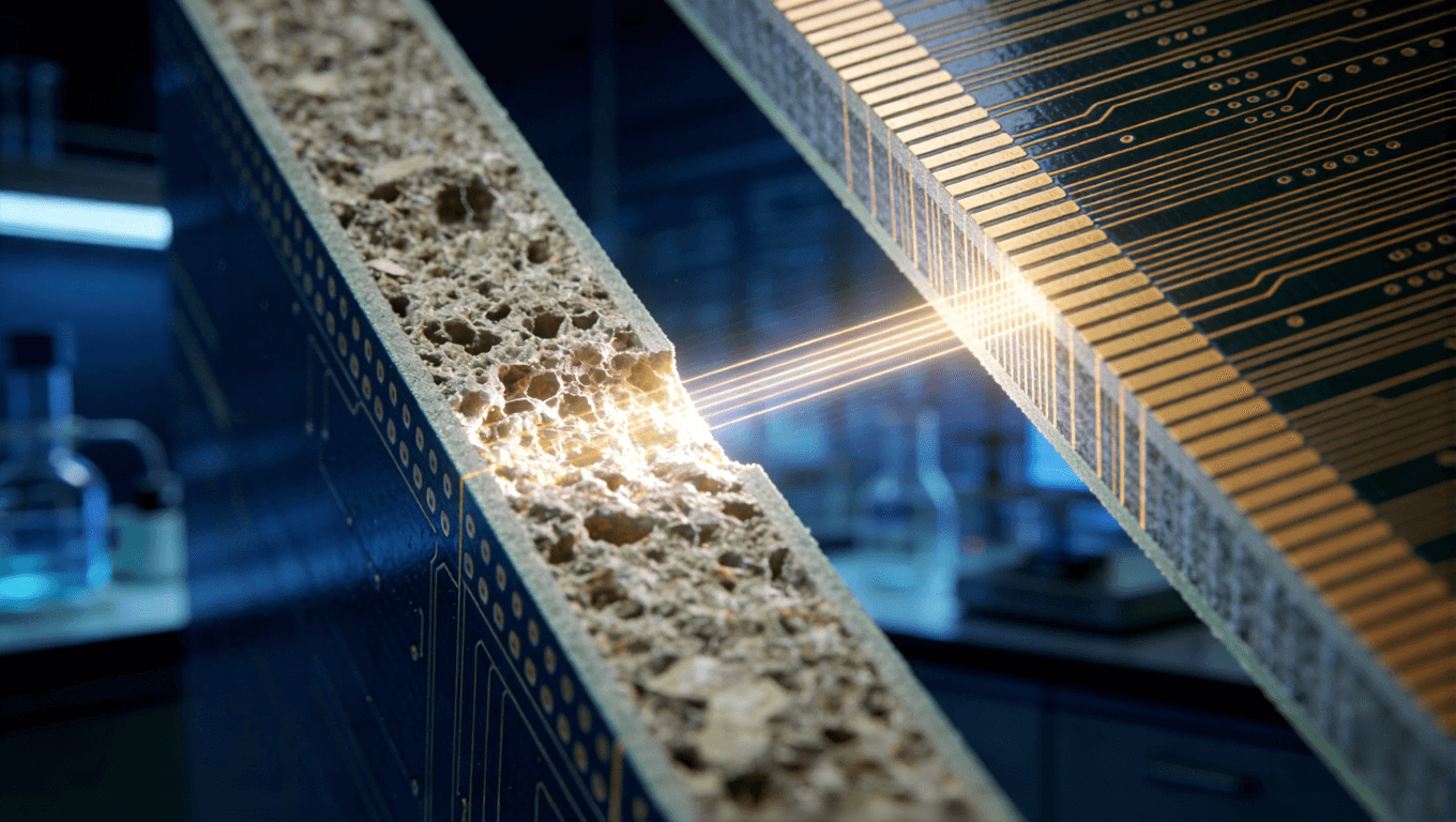 高頻板材與普通FR-4材料微觀結(jié)構(gòu)對比，展示介質(zhì)損耗差異