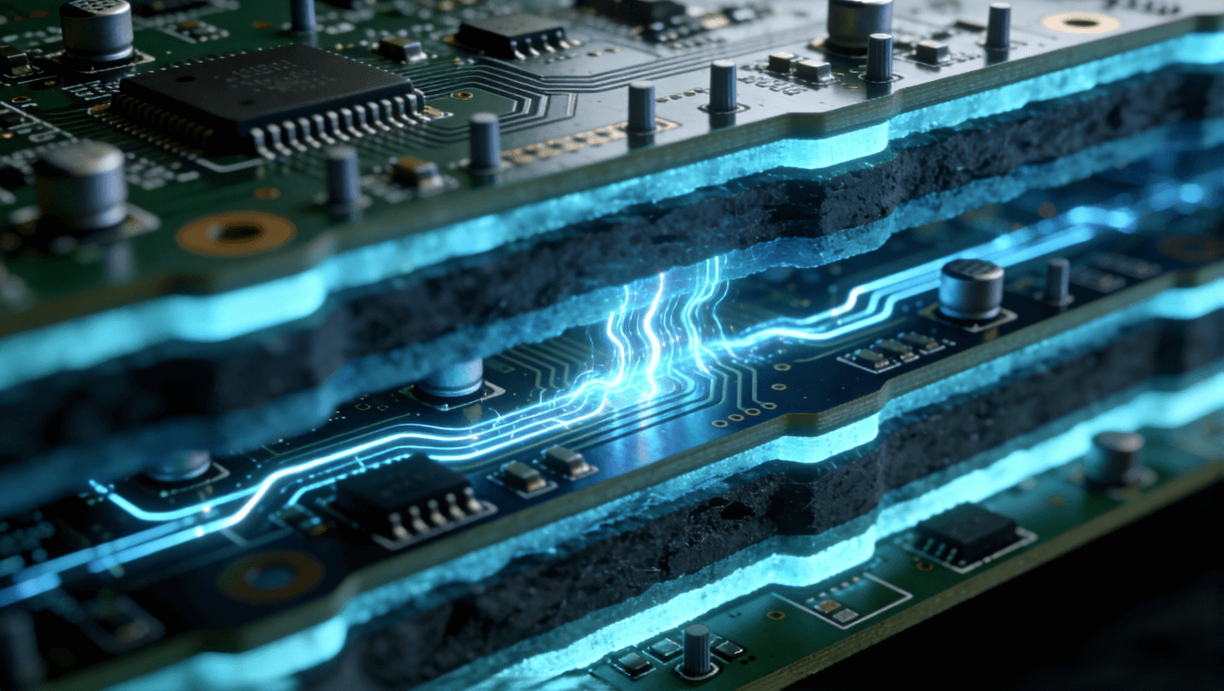 多層高頻PCB剖面視圖，展示電源層、地層結(jié)構(gòu)與去耦電容布局