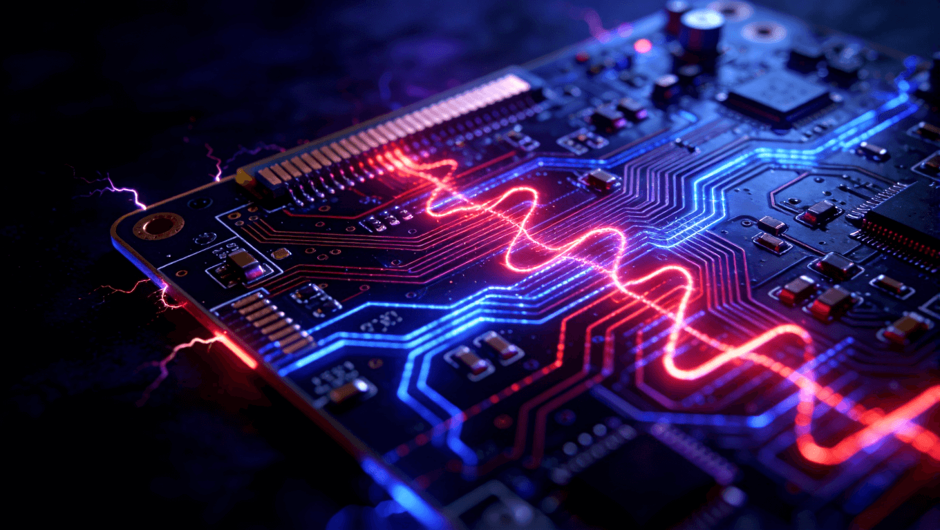 高頻電路板信號失真視覺化，展示紅色與藍(lán)色光流在PCB上扭曲波動