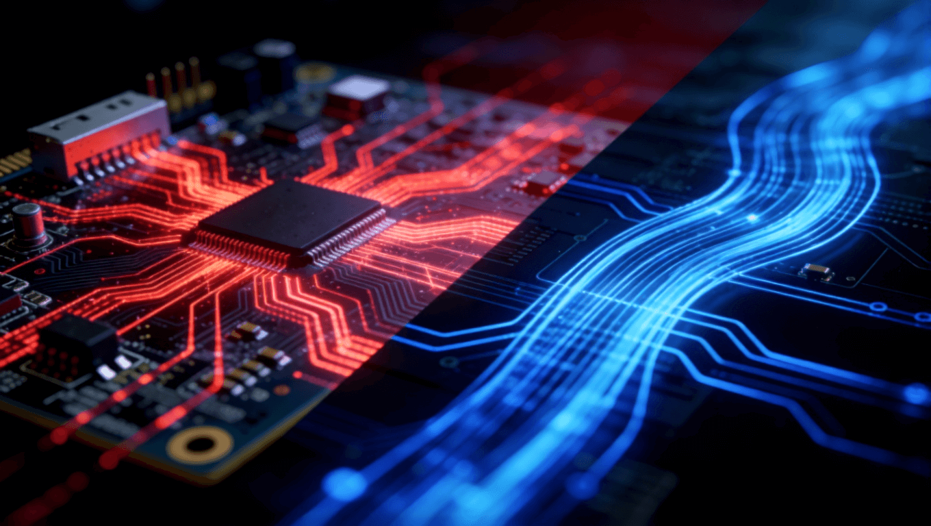 光模塊PCB信號(hào)完整性問題與優(yōu)化方案對(duì)比圖，紅藍(lán)信號(hào)流視覺對(duì)比