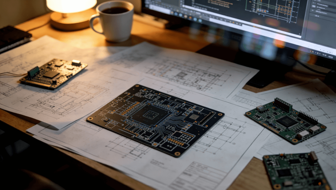 一張工作臺上散落著PCB設(shè)計圖紙、電路板樣品