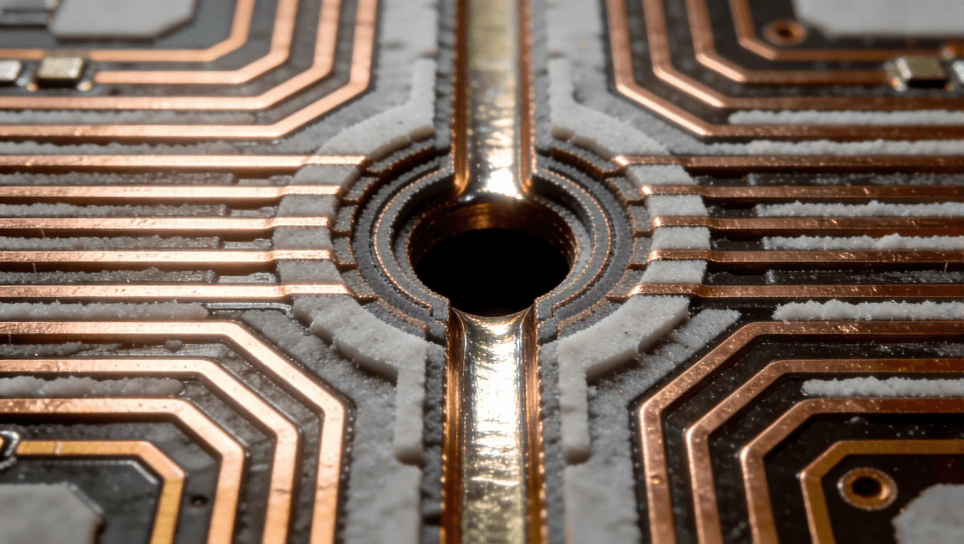 IC載板微小盲孔結(jié)構(gòu)的電子顯微鏡風(fēng)格截面視圖，展示高密度互連