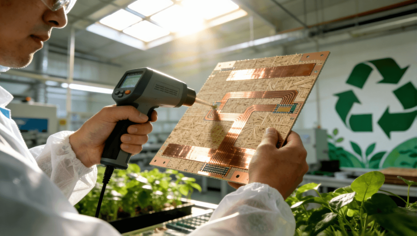 光模塊PCB綠色制造車間現(xiàn)場，突出環(huán)保材料與可持續(xù)工藝