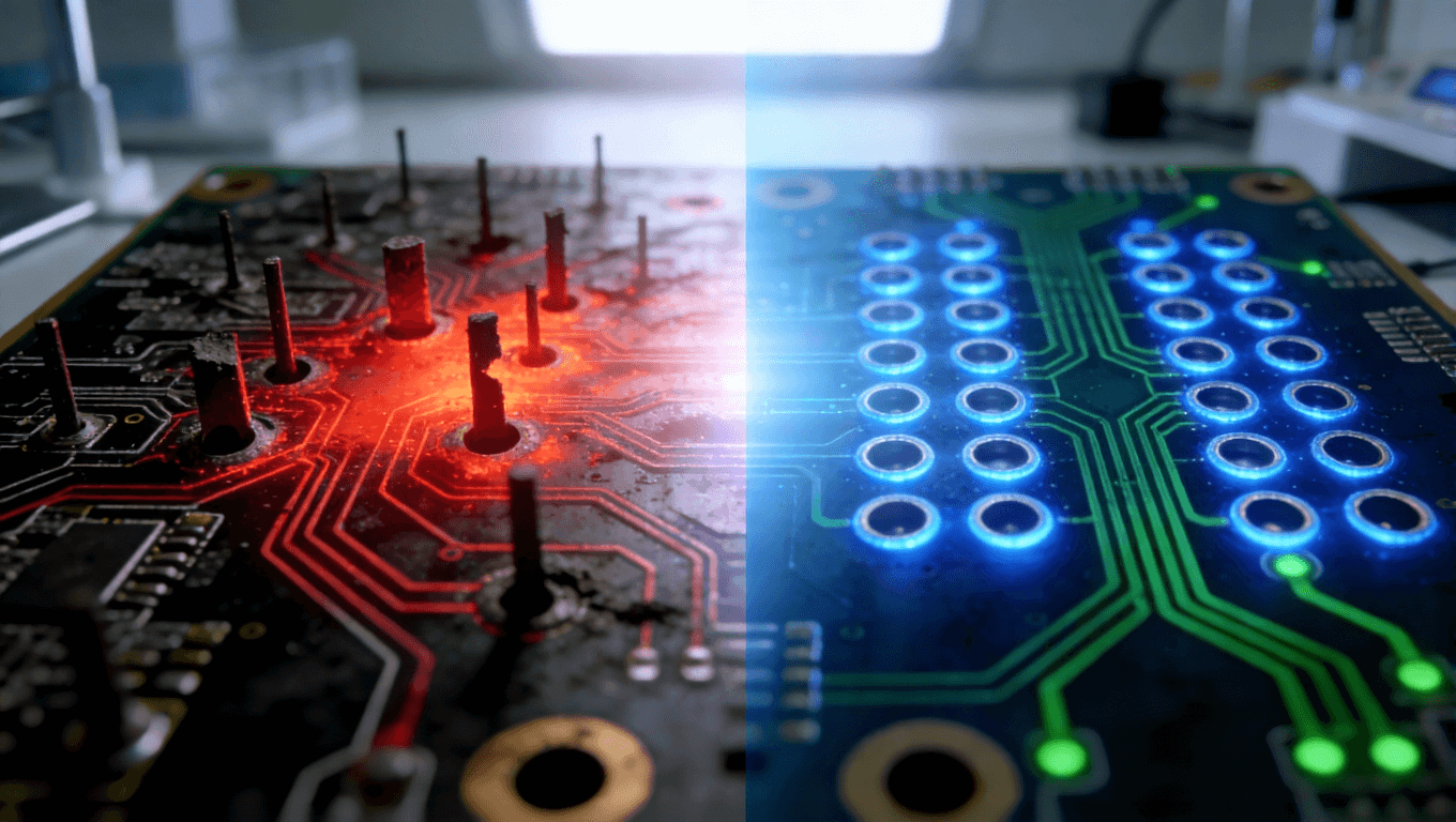 1.6T光模塊PCB過(guò)孔優(yōu)化前后對(duì)比，左側(cè)傳統(tǒng)設(shè)計(jì)問(wèn)題，右側(cè)優(yōu)化后信號(hào)與熱管理改善