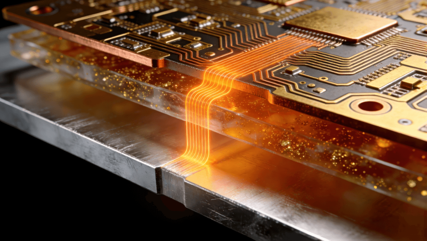 鋁基板三明治結(jié)構(gòu)3D截面渲染，清晰展示鋁層、絕緣層、電路層及穿透的橙色熱流